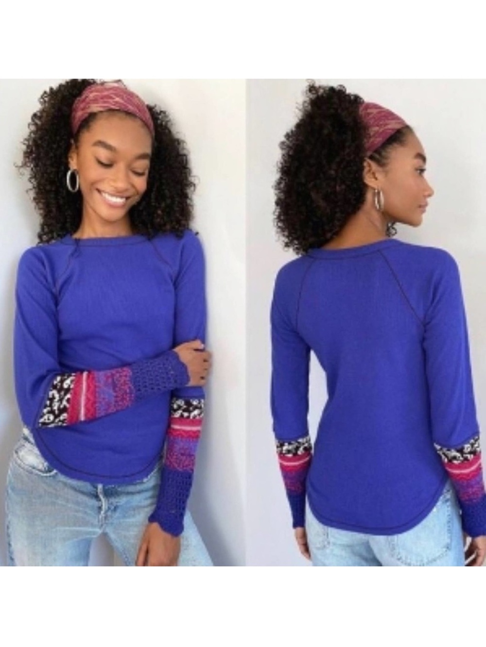 Free People Royal Blue/Purple Long-Sleeve Crew with Patterned Cuffs